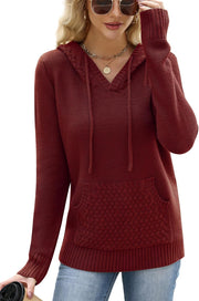 2025 Fall Hooded Sweater Women Oversized V Neck Fashion Knit Long Sleeve Pullover Drawstring Hoodie With Pocket