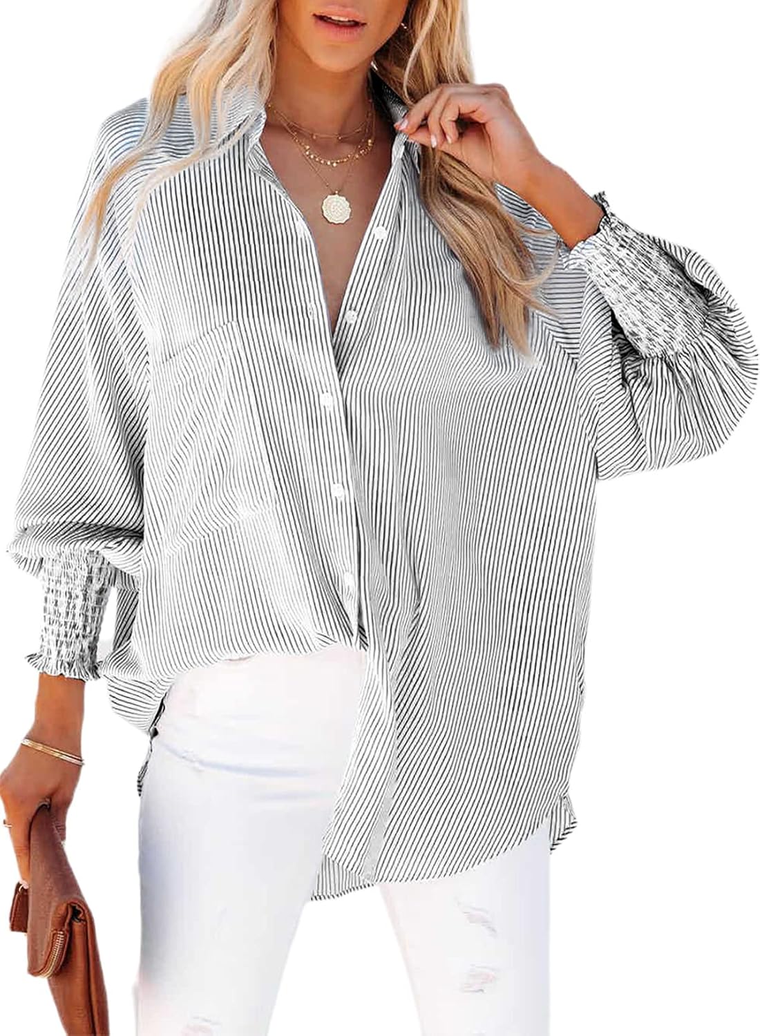 Womens Smocked Cuffed Striped Boyfriend Shirt Casual Collar Long Sleeve Oversized Button Down Blouse Tops with Pocket Shirred