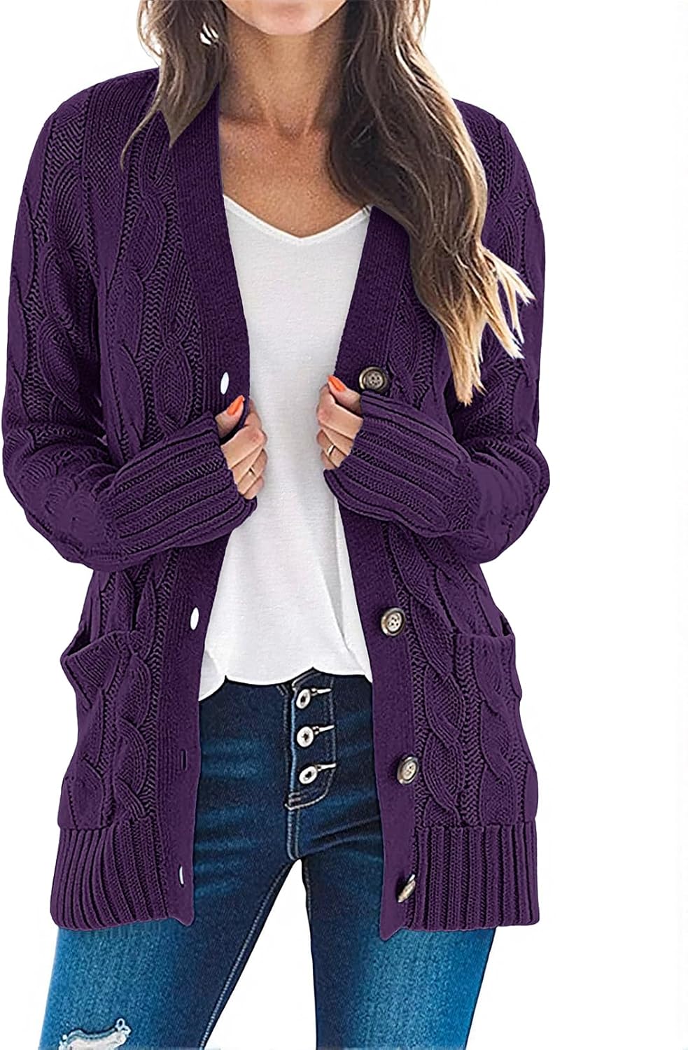 MEROKEETY Women's 2025 Fall Long Sleeve Cable Knit Sweater Open Front Cardigan Button Loose Outerwear