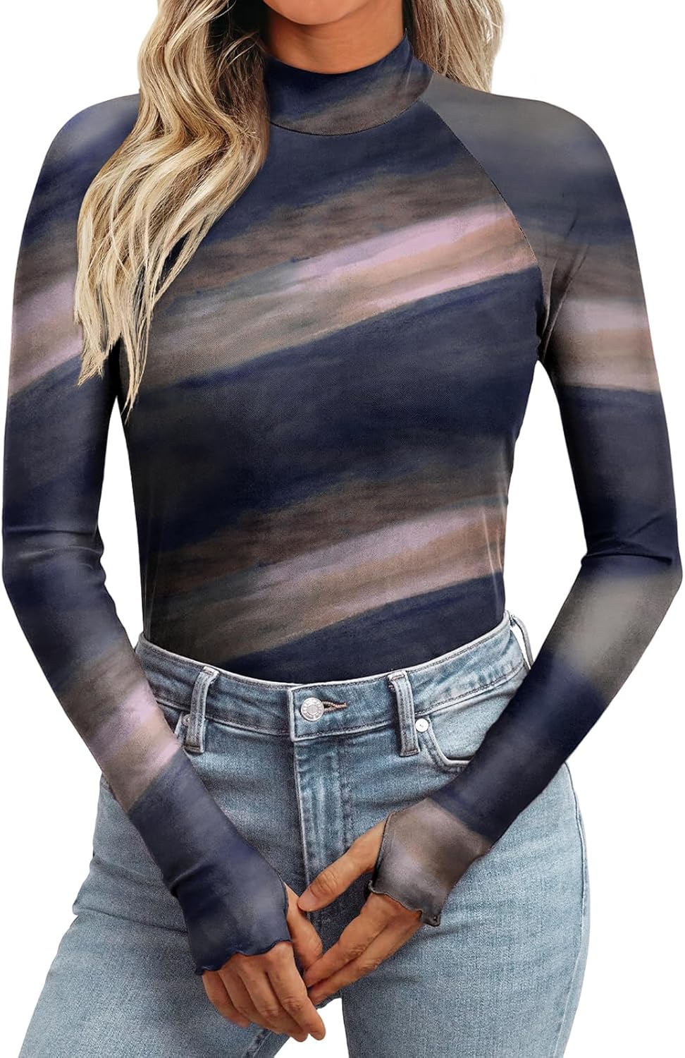 Dealmore Lace Sheer Long Sleeve Floral Mesh Mockneck Trendy Cute Going Out Tops for Women Fall Fashion Outfits 2025 Clothes