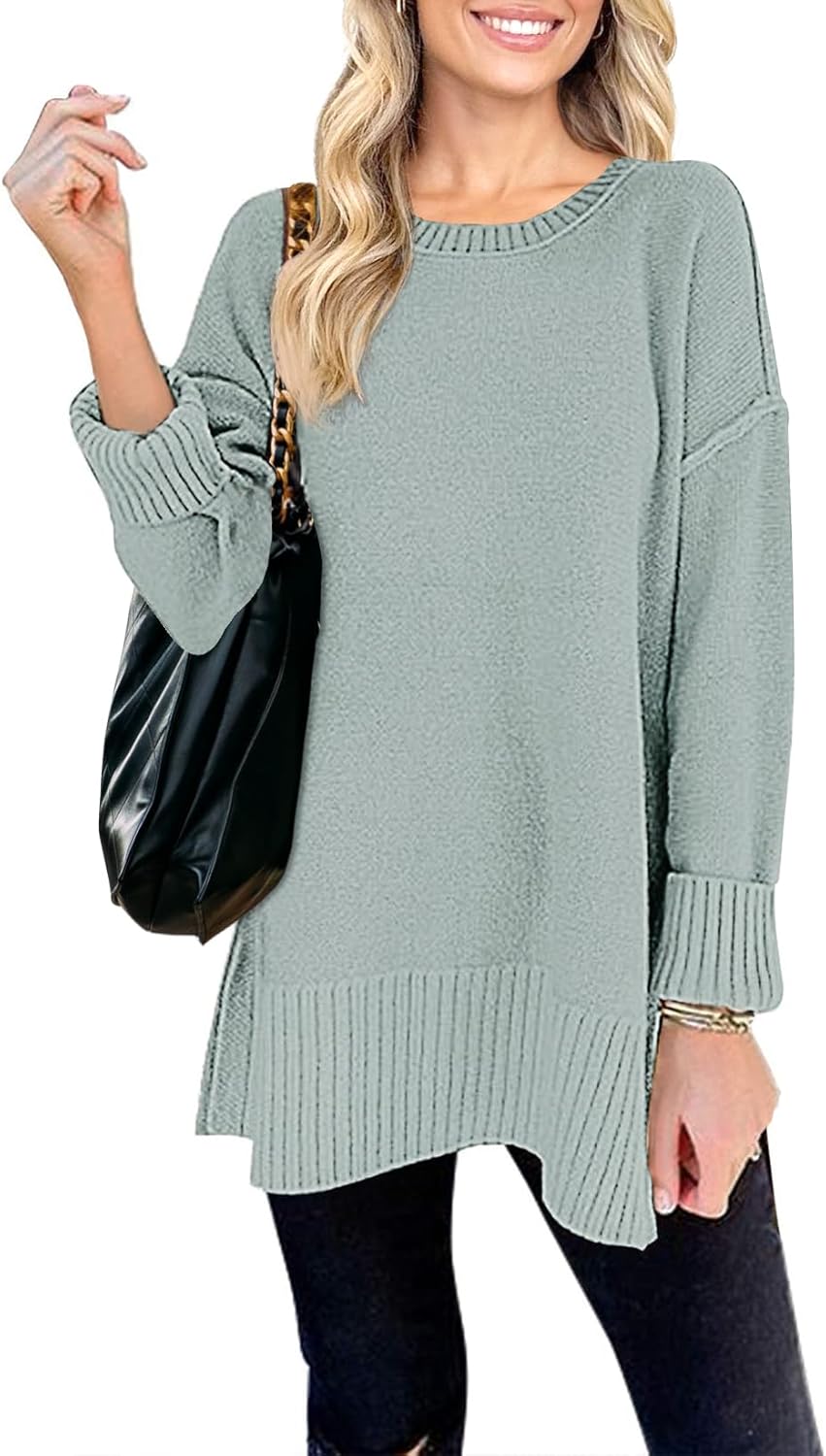 MEROKEETY Women's 2025 Fall Winter Oversized Pullover Sweater Casual Loose Crew Neck Long Sleeve Side Split Jumper Tops