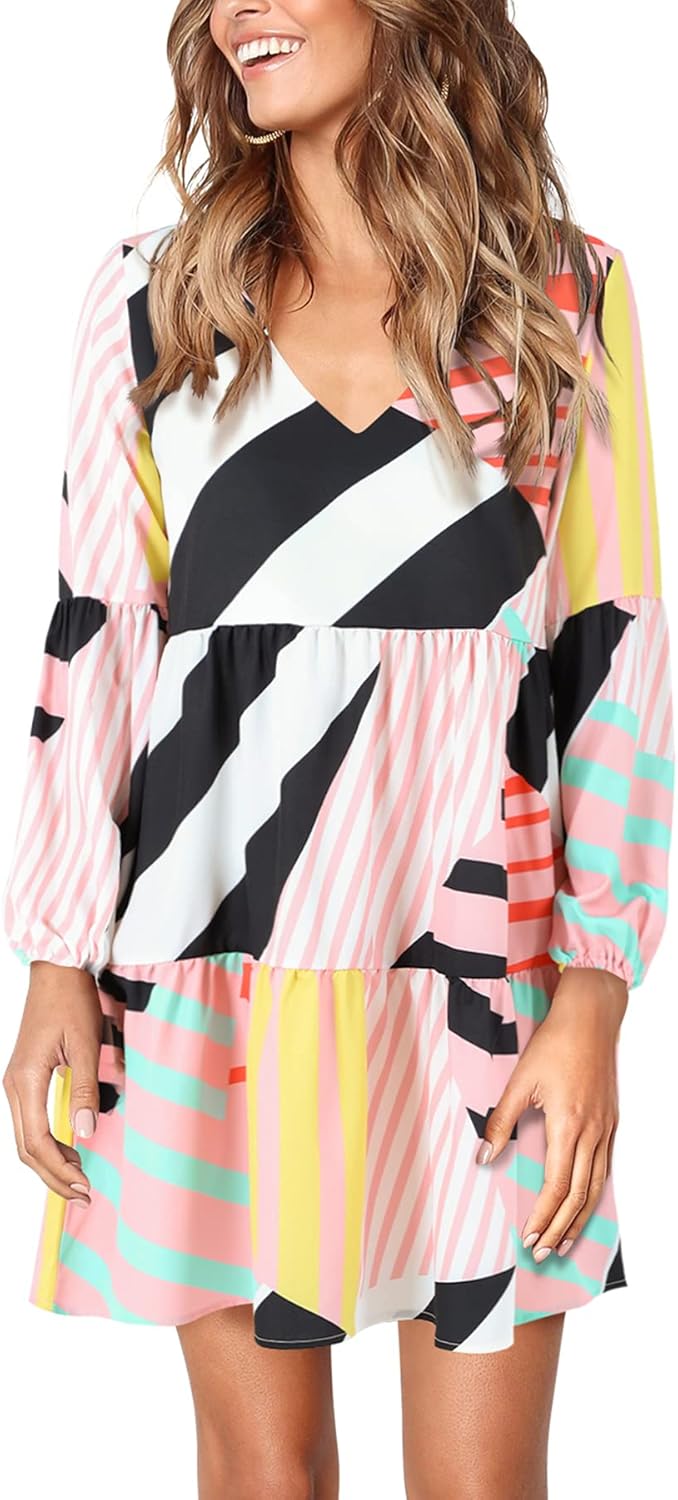 Amoretu Womens Tunic Dress Long Sleeve V Neck Casual Loose Flowy Swing Shift Dresses