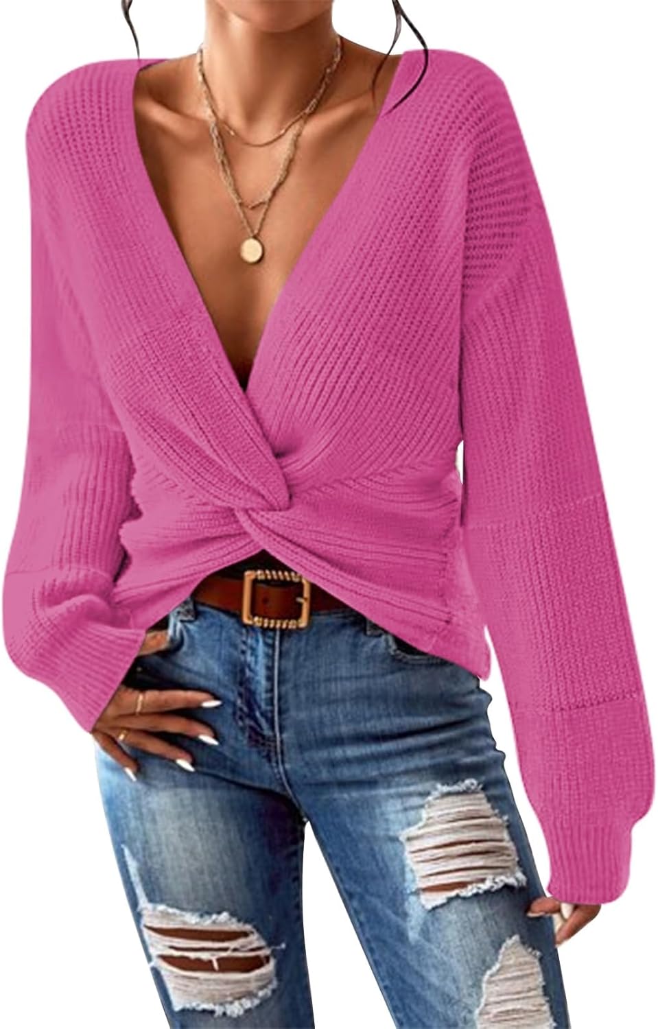 Pink Queen Women's 2025 Casual Pullover Sweaters Sexy V Neck Long Sleeve Twist Knot Cropped Knit Sweater Tops