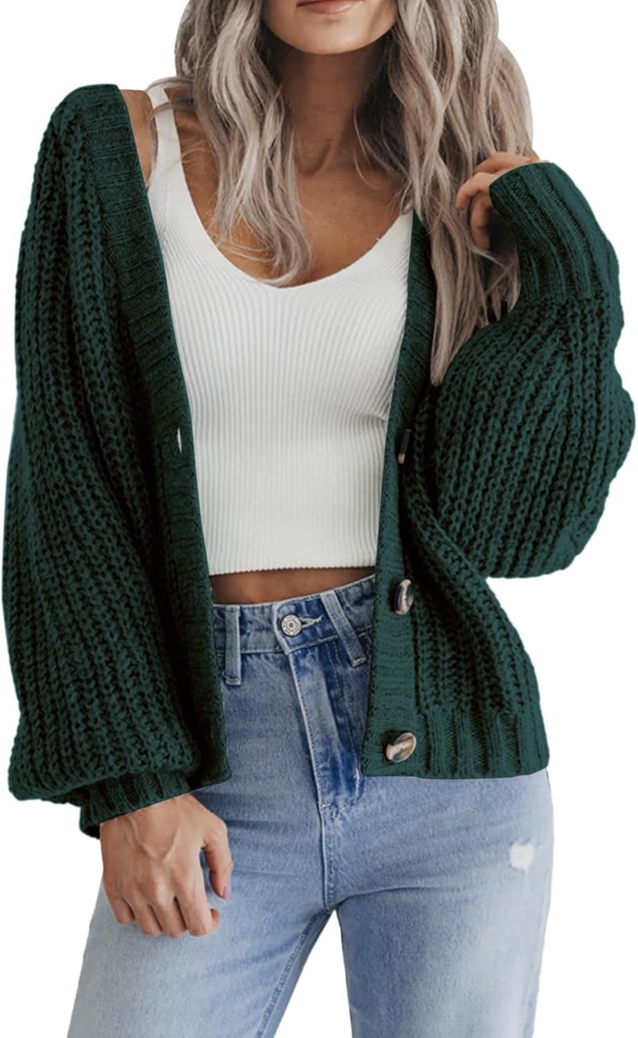 Zeagoo Women's 2025 Fall Chunky Knit Cardigans Open Front Long Sleeve V Neck Button Loose Cardigan Sweaters