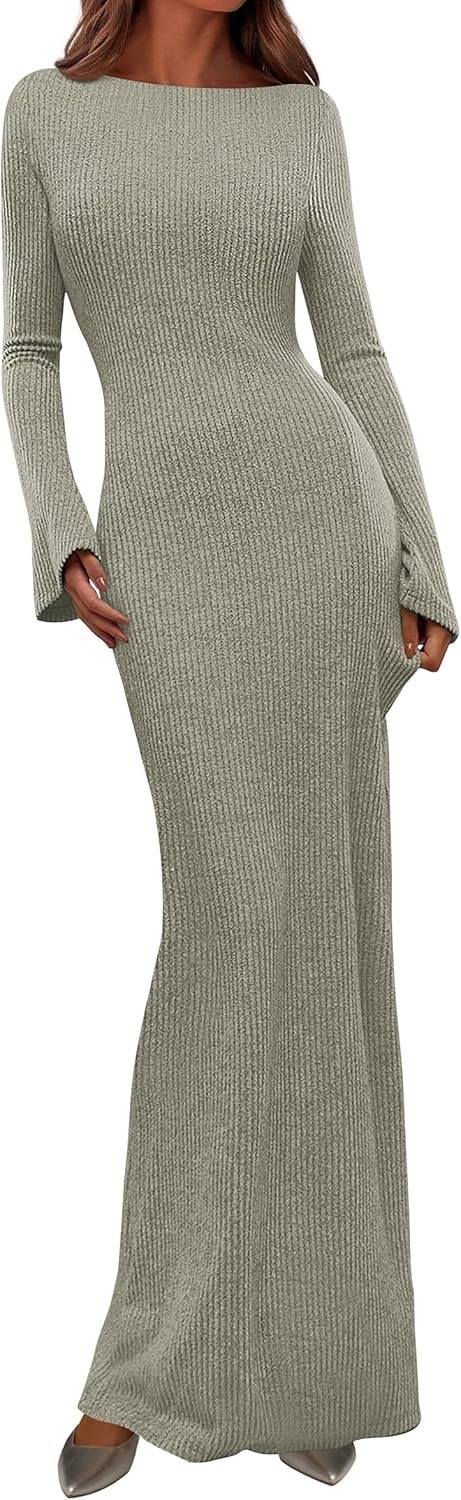 PRETTYGARDEN Women's Fall Fashion 2025 Long Sleeve Maxi Dress Ribbed Knit Boat Neck Bodycon Casual Dresses Going Out Outfits