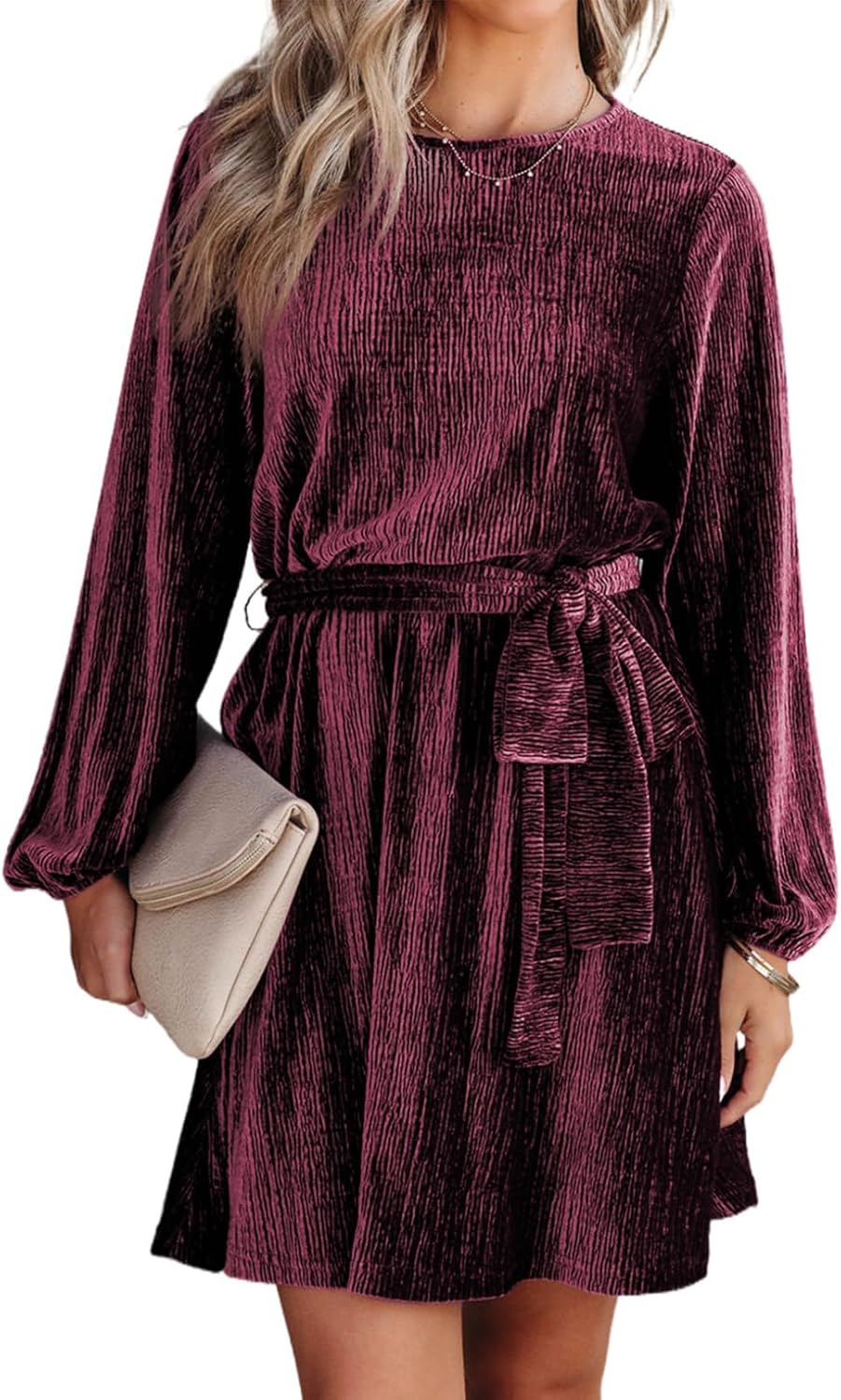 Happy Sailed Women's Velvet Dress Fall Fashion Lantern Sleeve High Waist A-Line Skater Cocktail Party Dresses with Belt