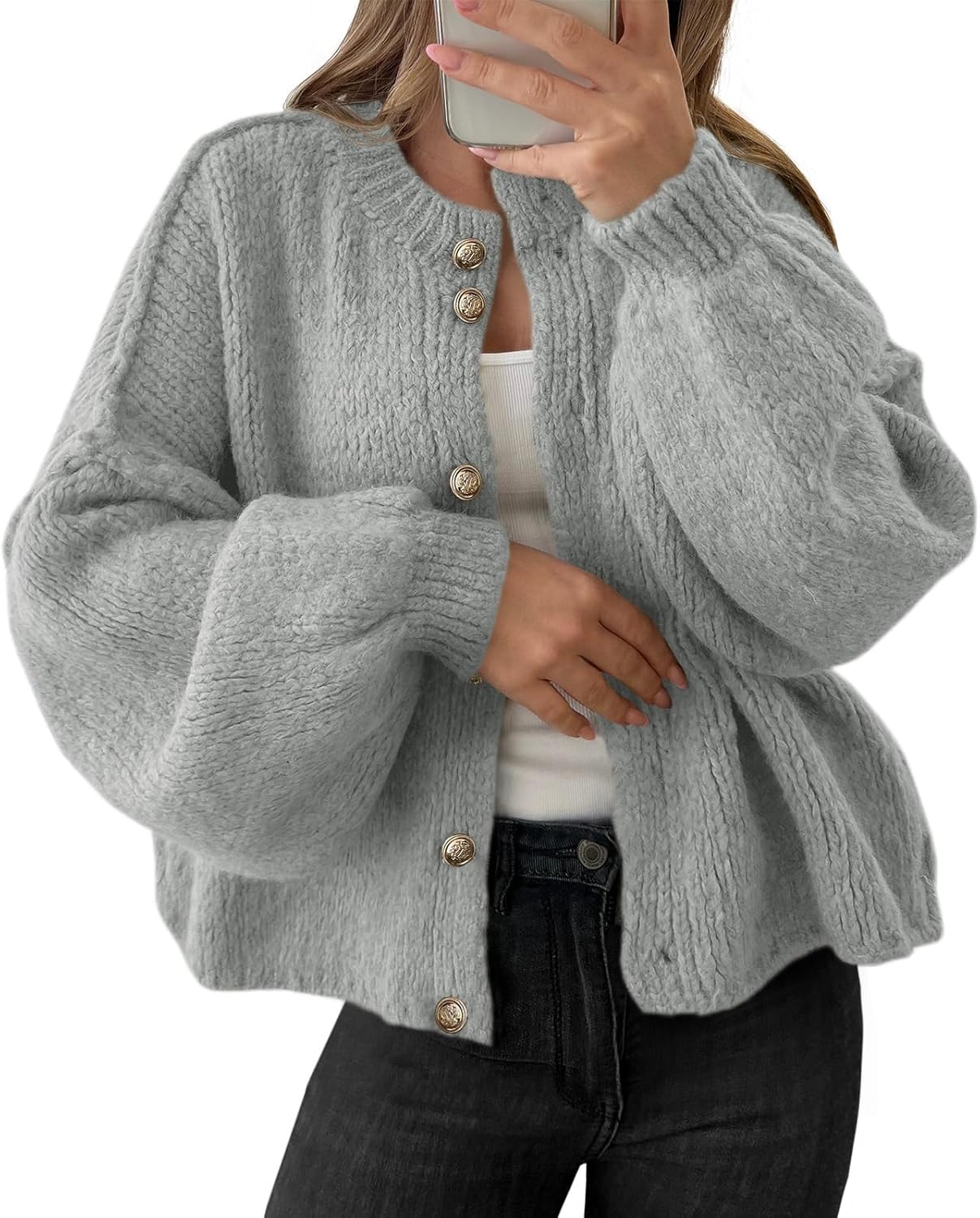 Saodimallsu Womens Oversized Cardigans Button Up Long Lantern Sleeve Chunky Knit Casual Soft Fall Sweater Coats