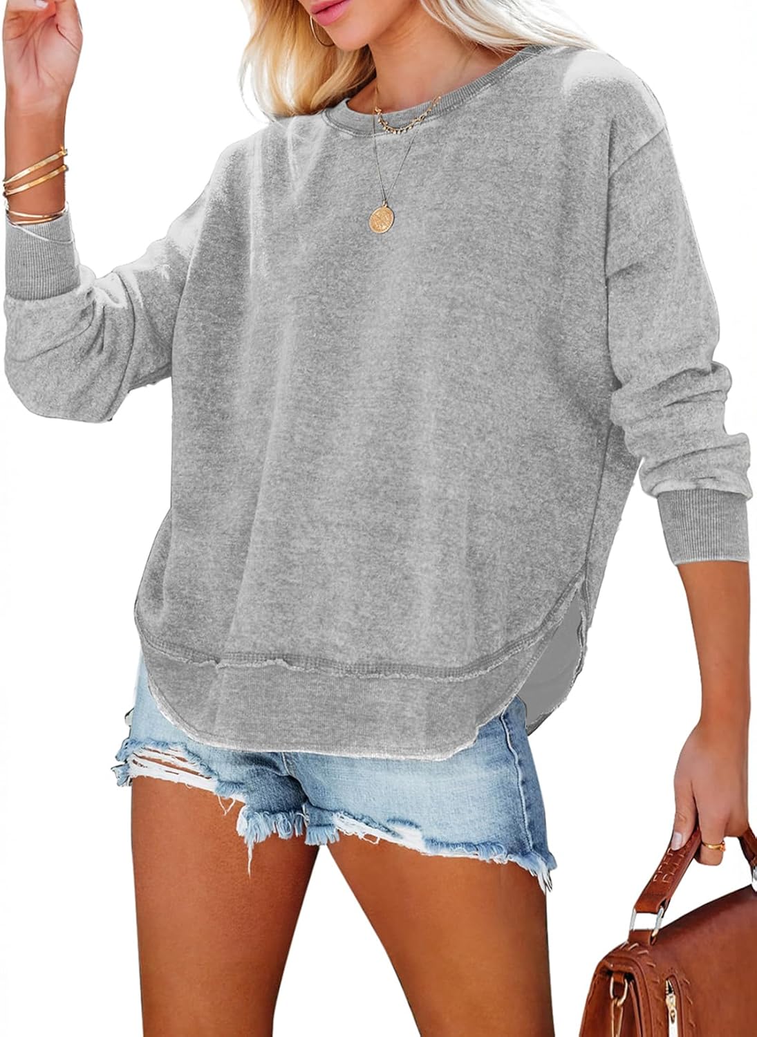 EVALESS Sweatshirt for Women Crewneck Long Sleeve Side Split Tops Casual Solid Color Loose Pullover Shirts 2025 Clothes