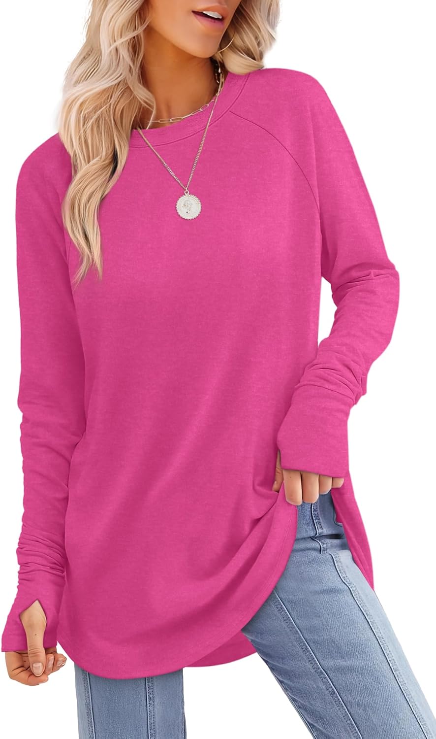XIEERDUO Womens Tunic Tops to Wear with Leggings Long Sleeve Thumb Hole Shirts Crew Neck Curved Hem