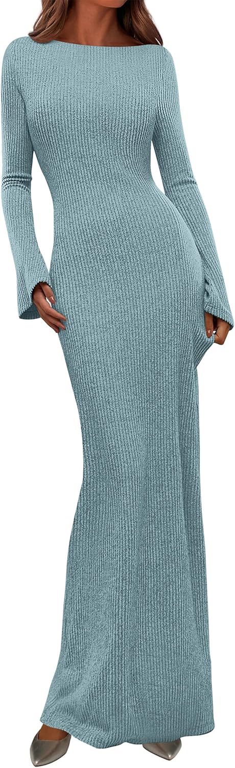 PRETTYGARDEN Women's Fall Fashion 2025 Long Sleeve Maxi Dress Ribbed Knit Boat Neck Bodycon Casual Dresses Going Out Outfits