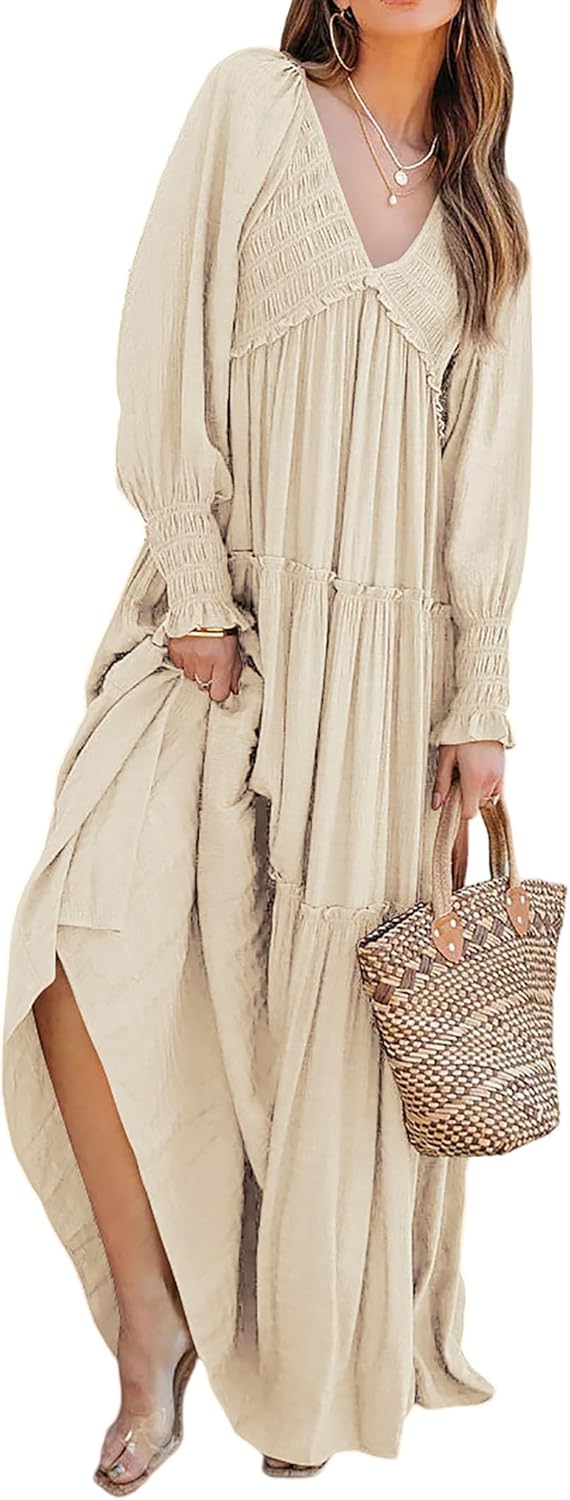 R.Vivimos Maxi Dress for Women Long Sleeve V Neck Empire Waist Layered Ruffle Boho Casual Flowy Long Dresses