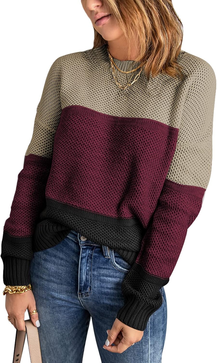 Dokotoo Womens Color Block Sweaters Long Sleeve Crewneck Pullover Knit Jumper Tops