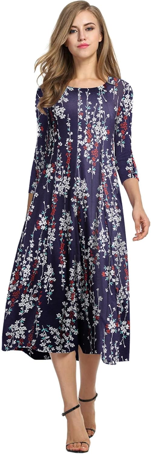 HOTOUCH Women's 3/4 Sleeve A-line and Flare Midi Long Dress