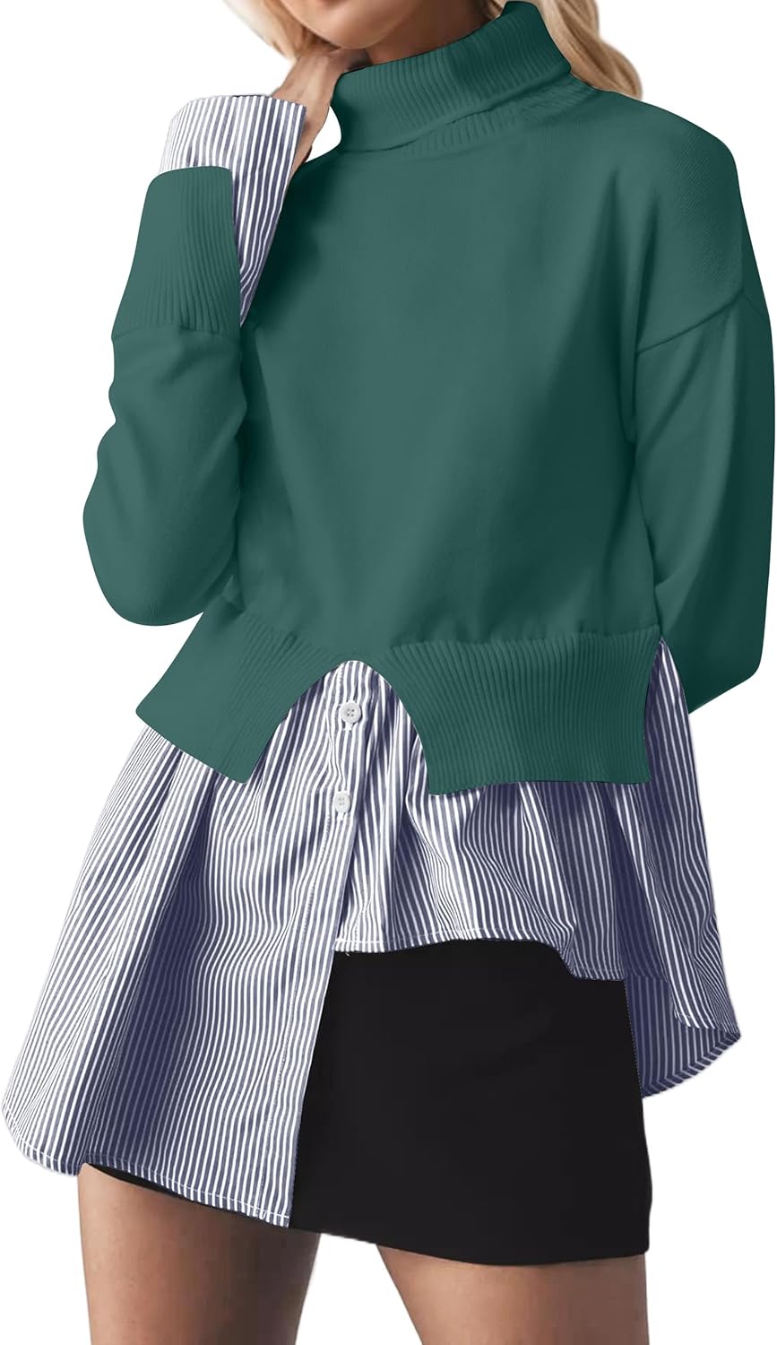 MISSACTIVER Women Slit Turtleneck Patchwork Sweater 2 in 1 Buttons Down Pullover Knit Sweater Asymmetrical Hem Shirt Top