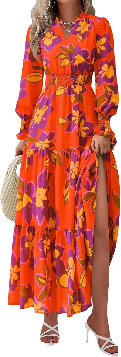 PRETTYGARDEN Women's Floral Maxi Dress 2025 Fall Long Sleeve V Neck Casual A Line Long Flowy Boho Party Dresses