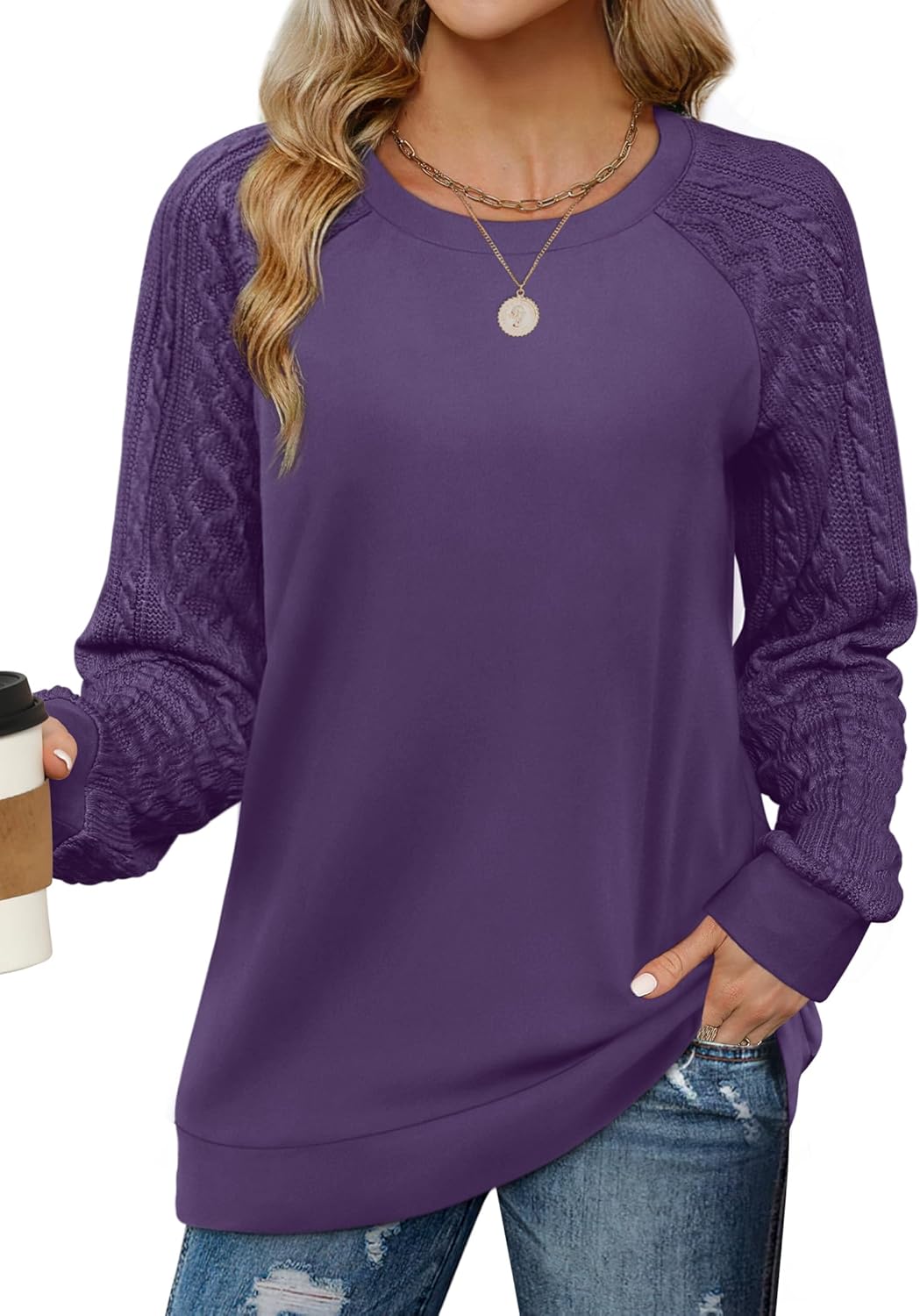 Saloogoe Sweatshirts for Women Crewneck Cable Knit Sleeve Sweaters Lightweight Fashion 2025