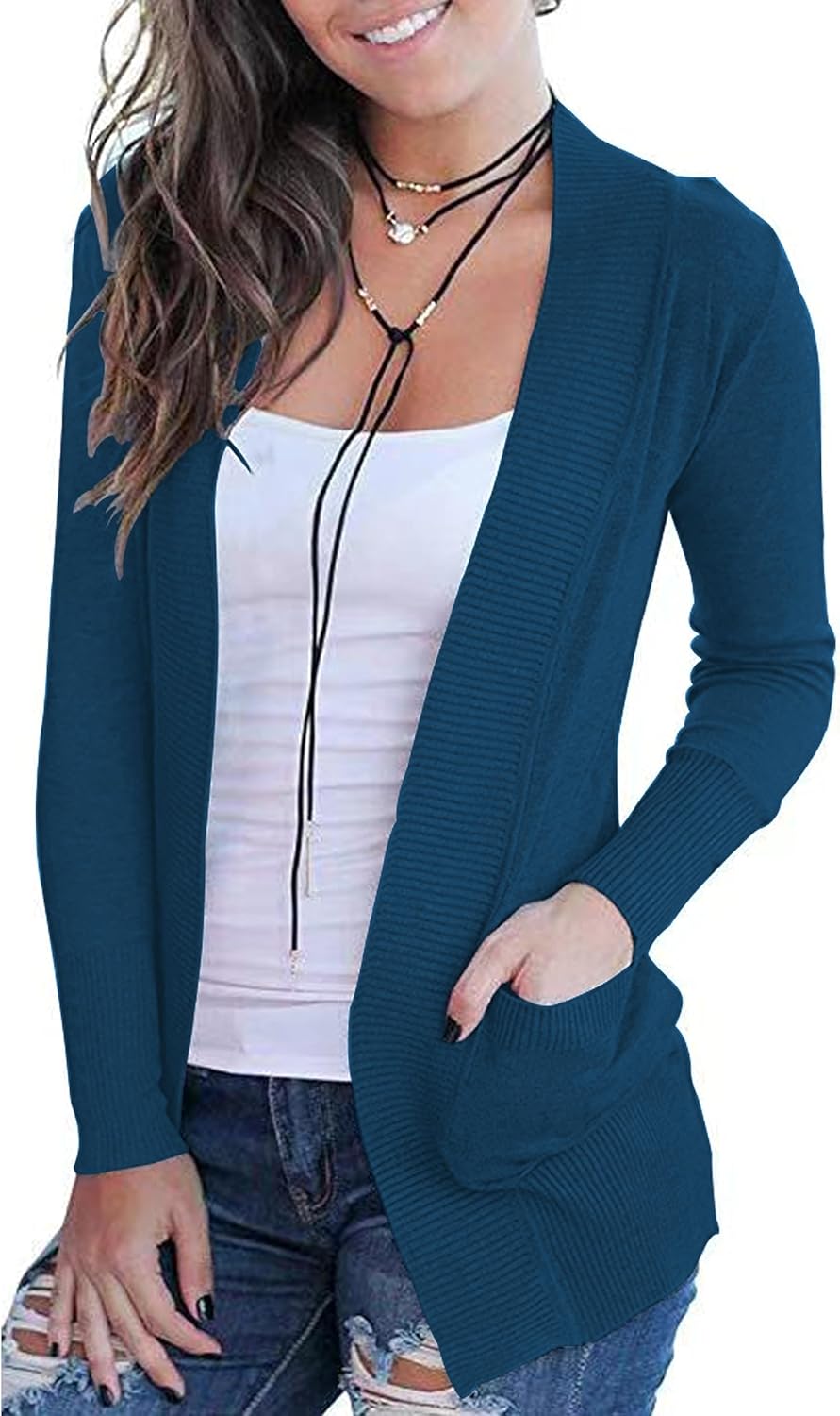 VOIANLIMO Women's Open Front Casual Long Sleeve Knit Classic Sweaters Cardigan with Pockets