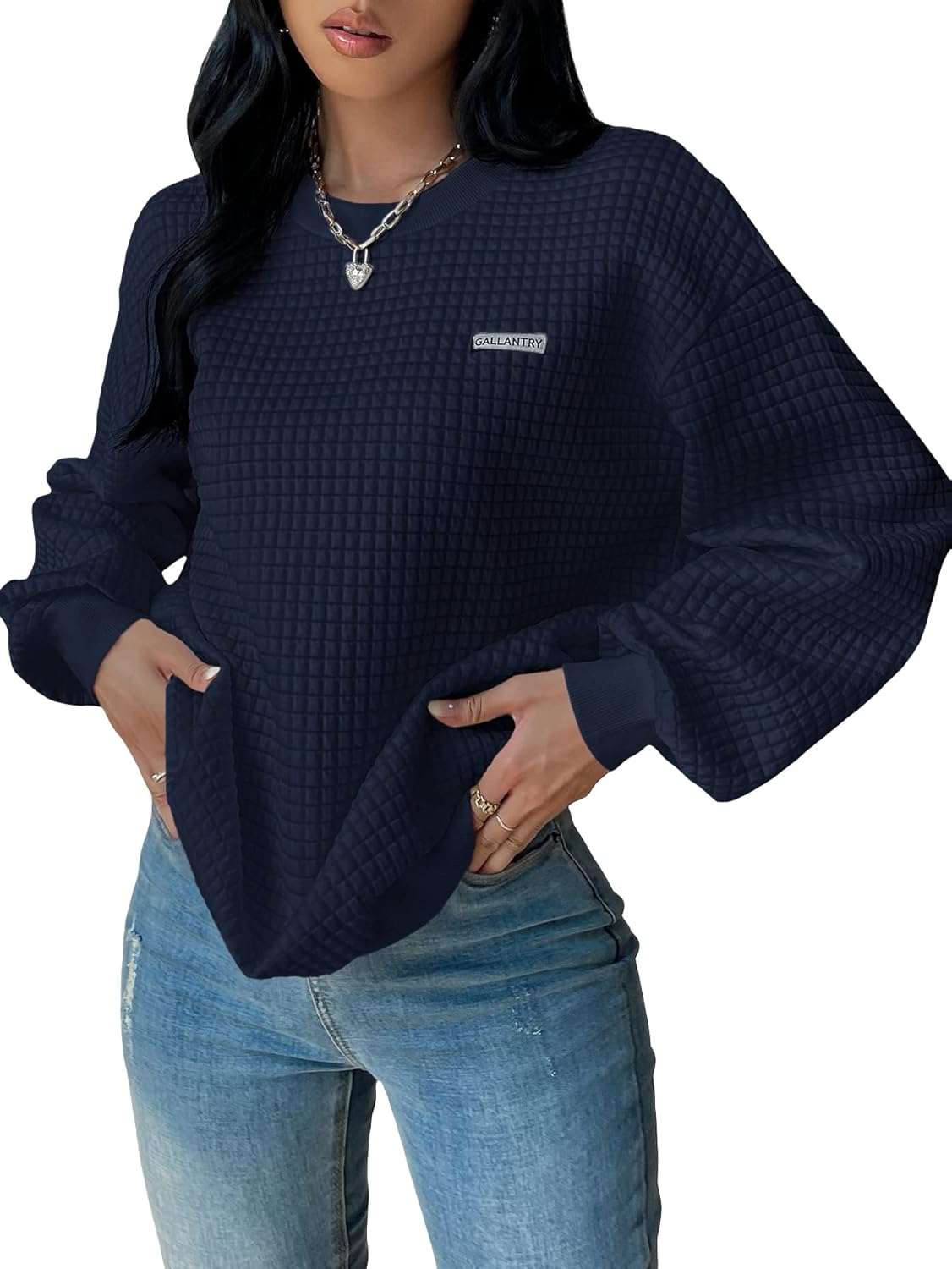 WDIRARA Women's Oversized Waffle Sweatshirt Crewneck Long Sleeve Pullovers