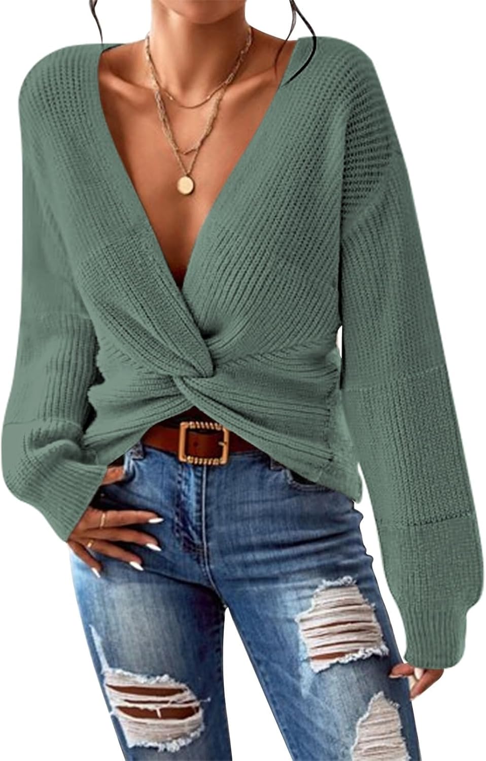 Pink Queen Women's 2025 Casual Pullover Sweaters Sexy V Neck Long Sleeve Twist Knot Cropped Knit Sweater Tops