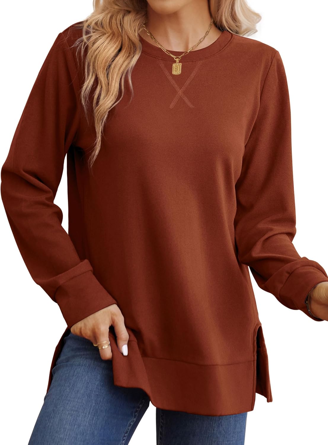 Saloogoe Sweatshirt for women Side Split Fall Fashion 2025 Long Sleeve Shirts Trending Now