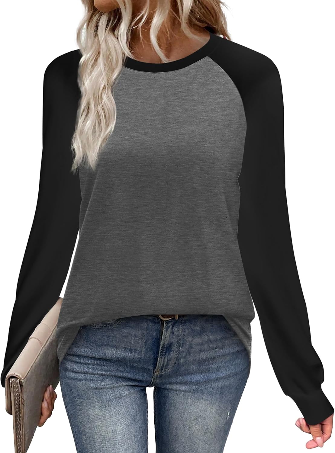 WIHOLL Long Sleeve Shirts for Women Color Block Raglan Tops Casual Crewneck Basic Tees Fall Clothes 2025 Fashion
