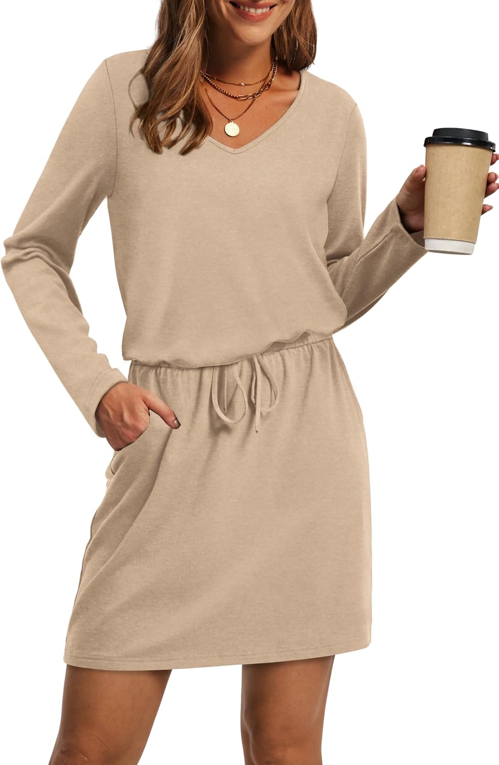 OFEEFAN Fall Dresses for Women 2025 Loose V Neck Long Sleeve T Shirts Casual Sundresses Tie Front A-Line Dresses