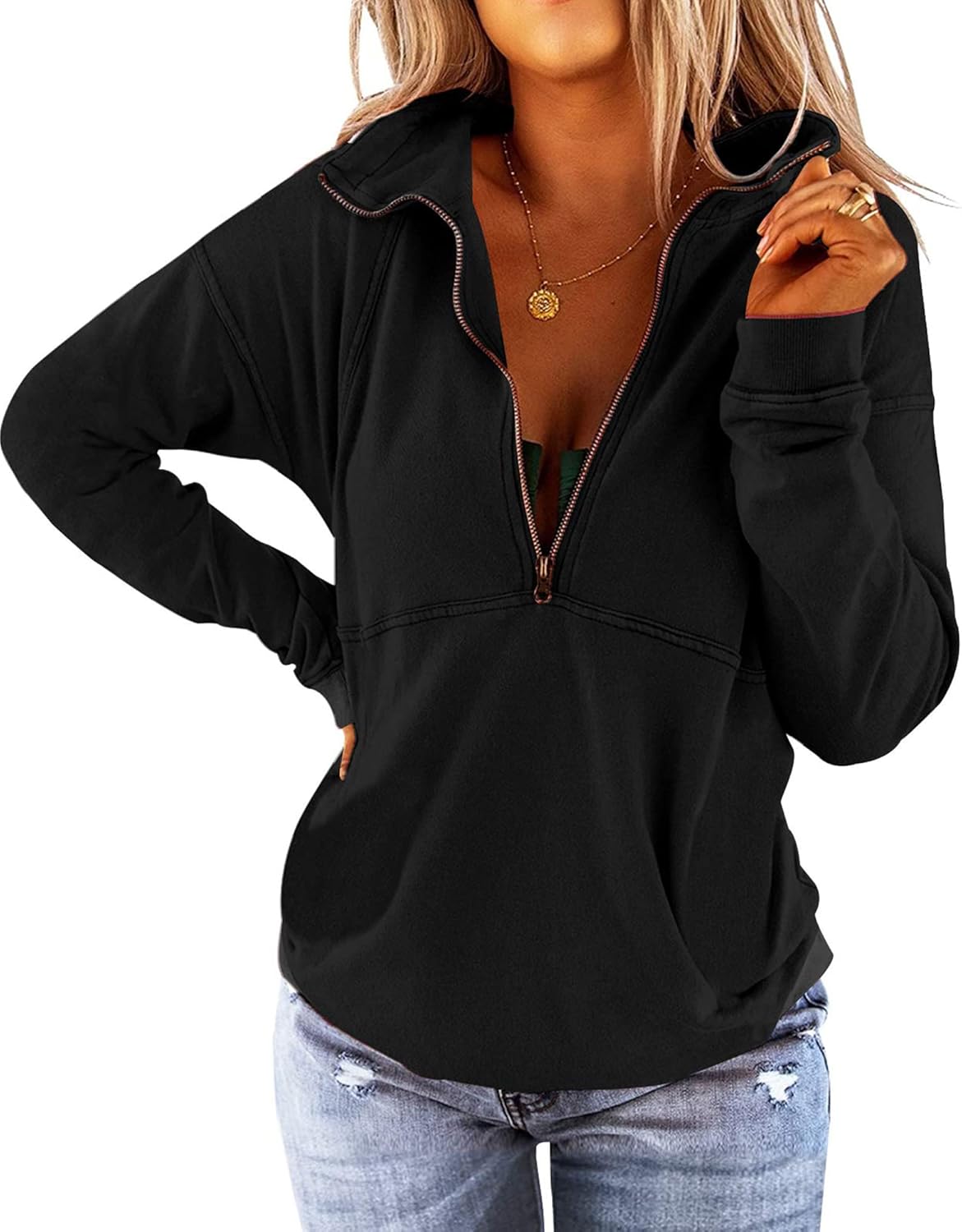 Floral Find Women's Long Sleeve Lapel Half Zip Up Sweatshirt Solid Stylish Loose Fit Casual Pullover Tops