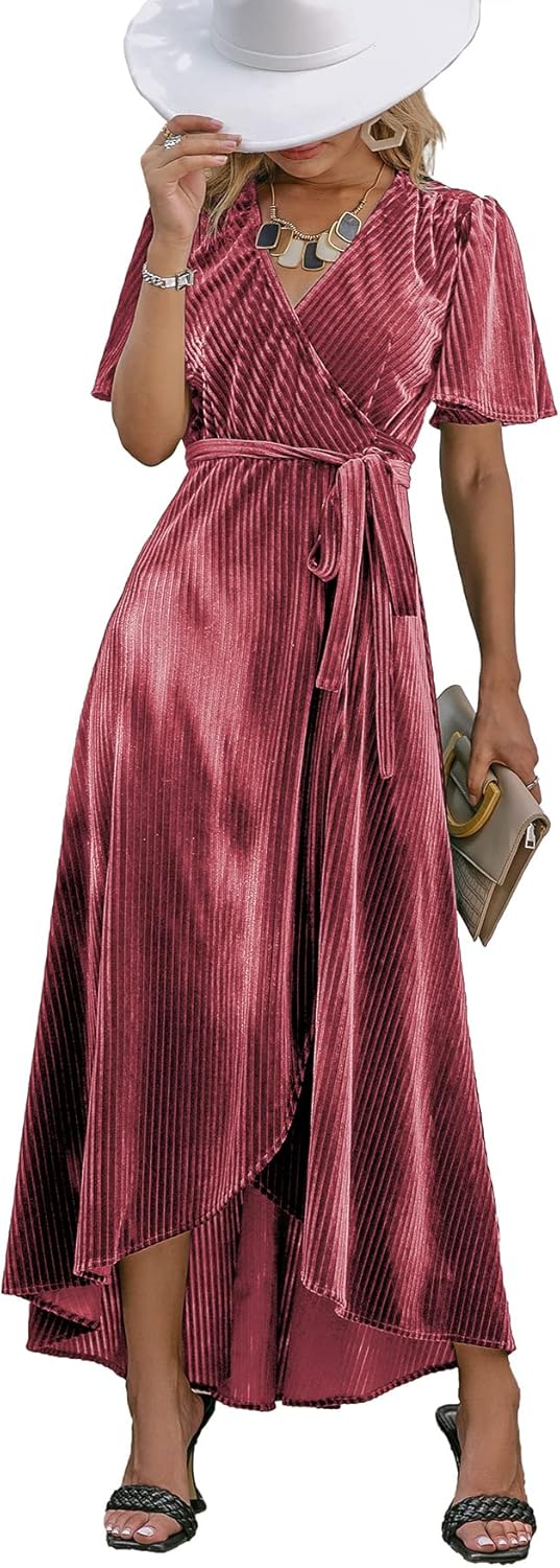 BerryGo Women's Velvet V Neck Wrap Semi Formal Dress Cocktail Party Maxi Dress for Wedding Guest