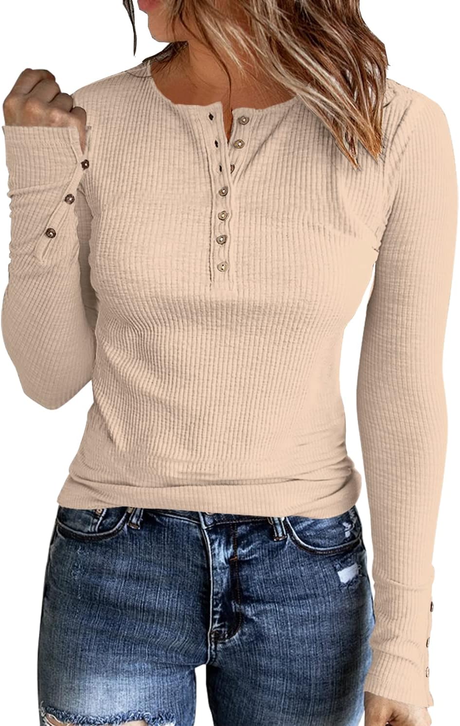 Womens Long Sleeves Ribbed Knit Tunic Shirts Scoop Neck Button Down Tops Casual Henley Tee Shirt Slim Fit Blouses