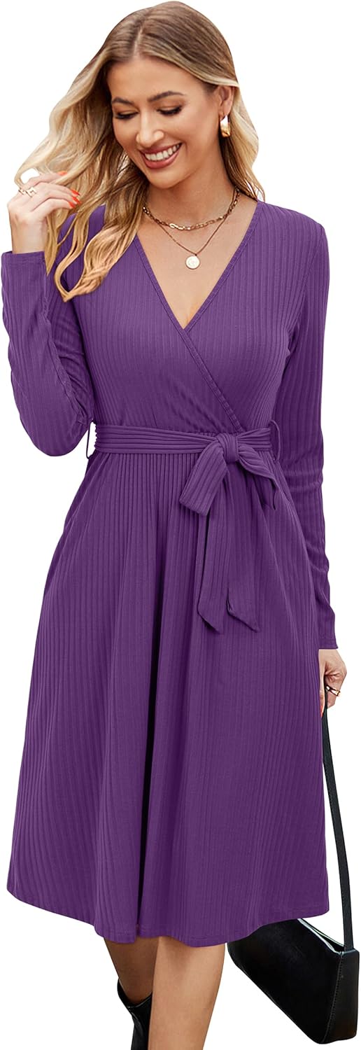 Newshows Womens 2025 Fall Dresses Teacher Church Business Casual Work Outfits Knit Midi Sweater Pockets Belt Dress
