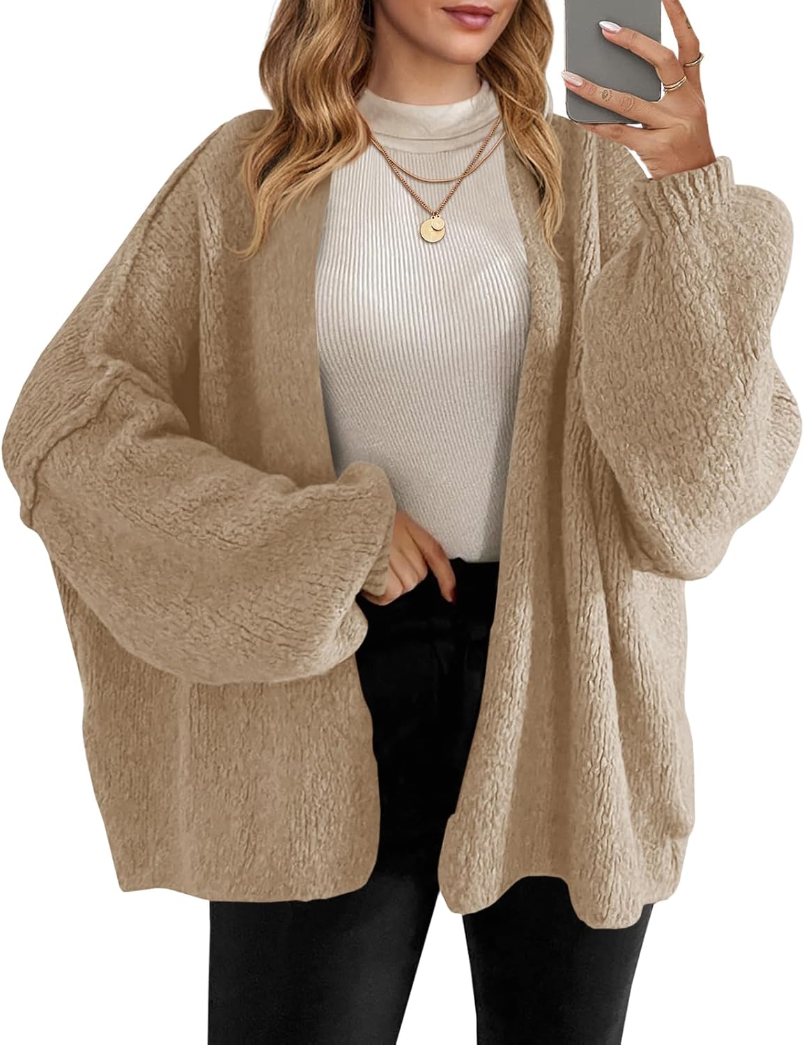 Saodimallsu Womens Oversized Cardigan Sweaters Open Front Chunky Knit Casual Long Lantern Sleeve Fall Sweater Coats