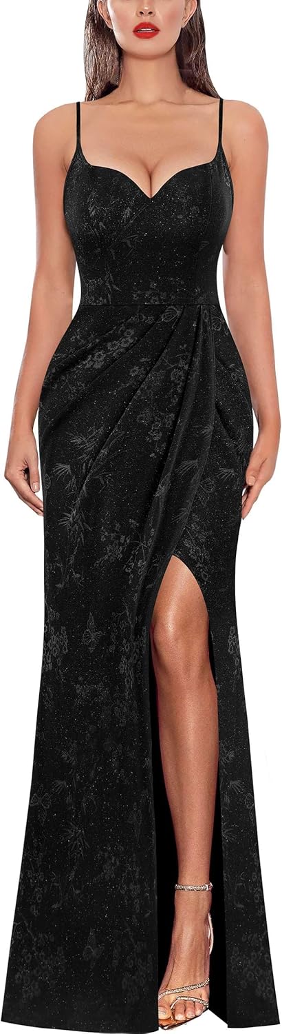 VFSHOW Womens Sexy Formal Ruched Fitted High Slit Bodycon Maxi Dress Spaghetti Strap Sweetheart Cocktail Prom Evening Gown