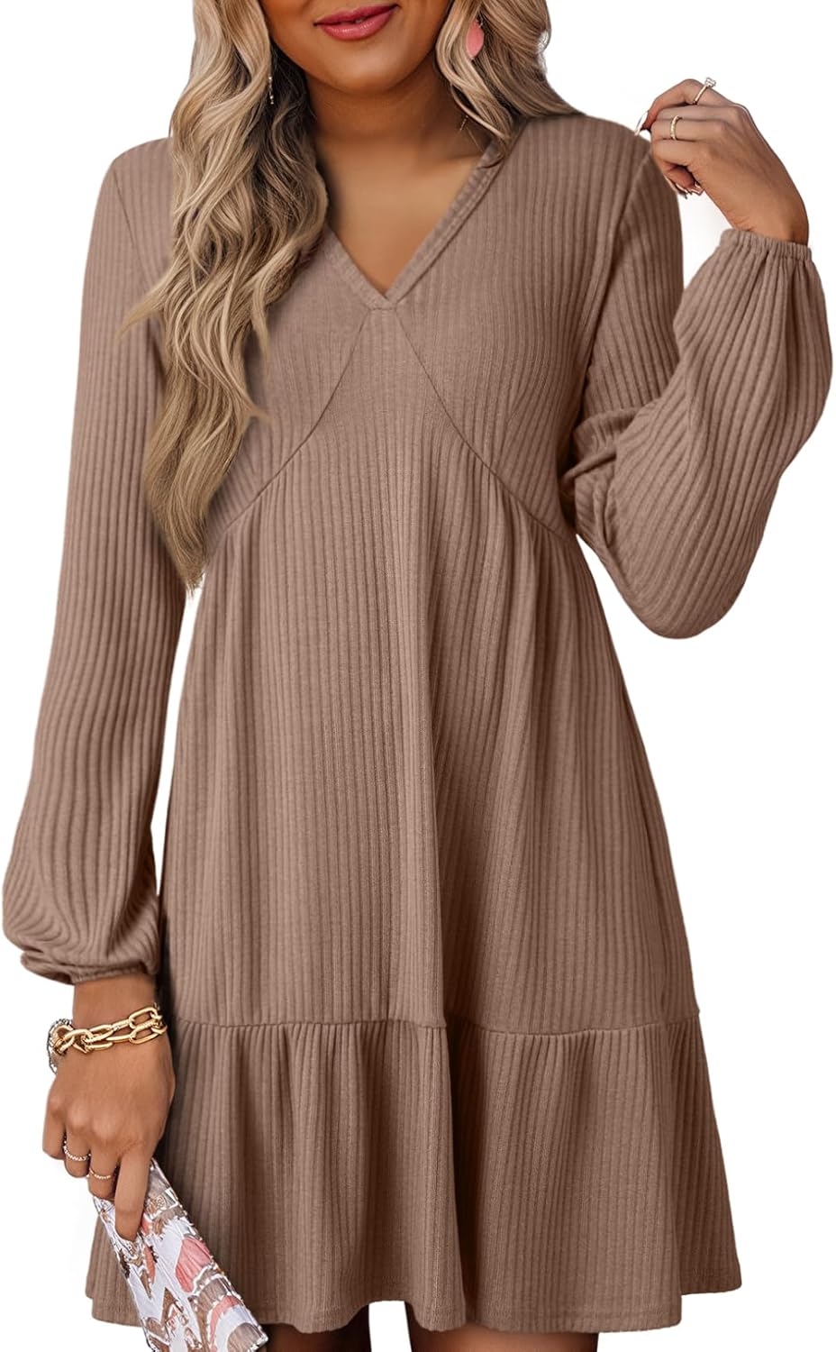 Dokotoo Fall Dresses for Women 2025 Long Sleeve V Neck Lightweight Ribbed Knit Empire Waist Casual A Line Swing Mini Dress