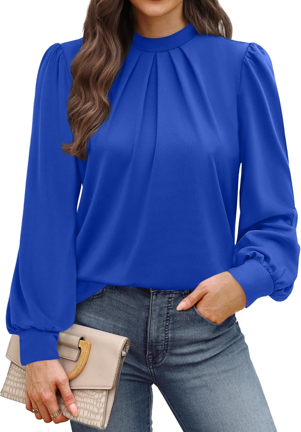 WIHOLL Long Sleeve Shirts for Women Mock Neck Tops Pleated Front Blouses Dressy Casual Fall Clothes 2025 Fashion