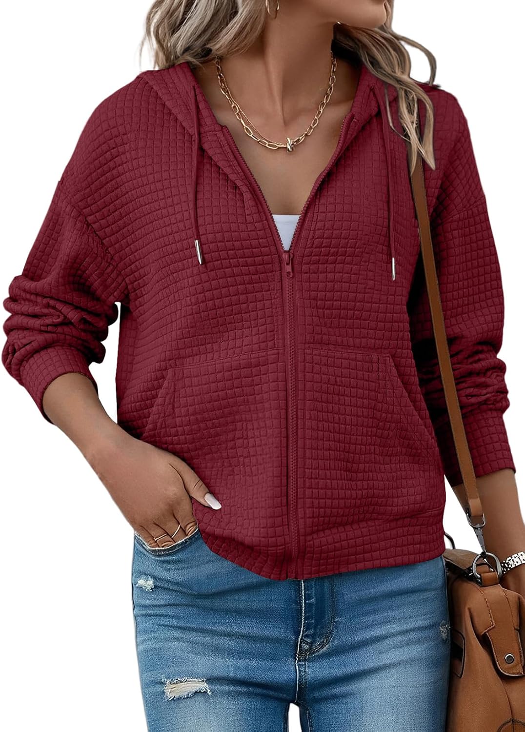 SHEWIN Womens Zip Up Hoodies Oversized Sweatshirt Fall Fashion Outfits 2025 Casual Waffle Hooded Jackets