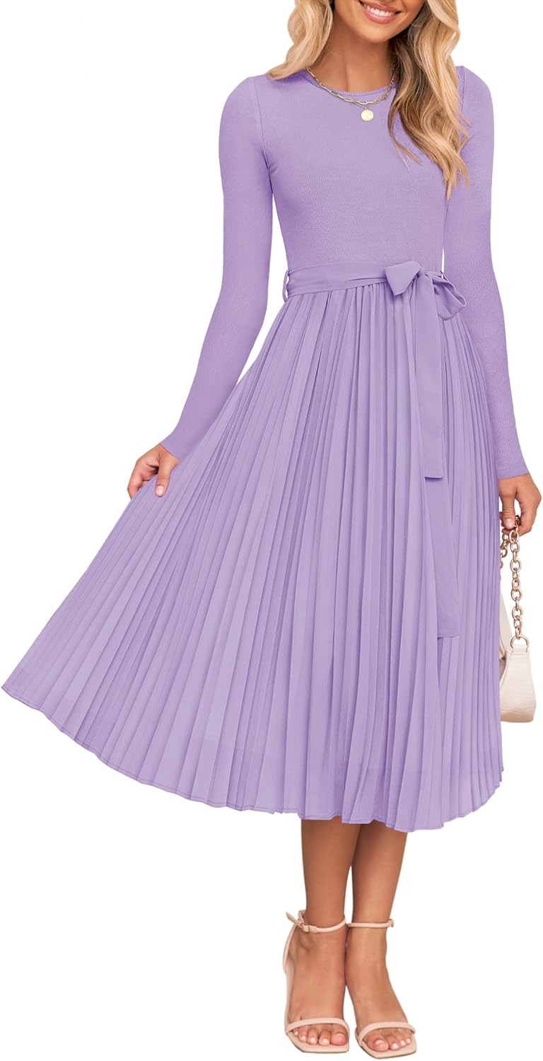 ZESICA Women's Fall Long Sleeve Midi Dress 2025 Casual Crewneck Knit Belted Pleated A Line Flowy Party Dresses
