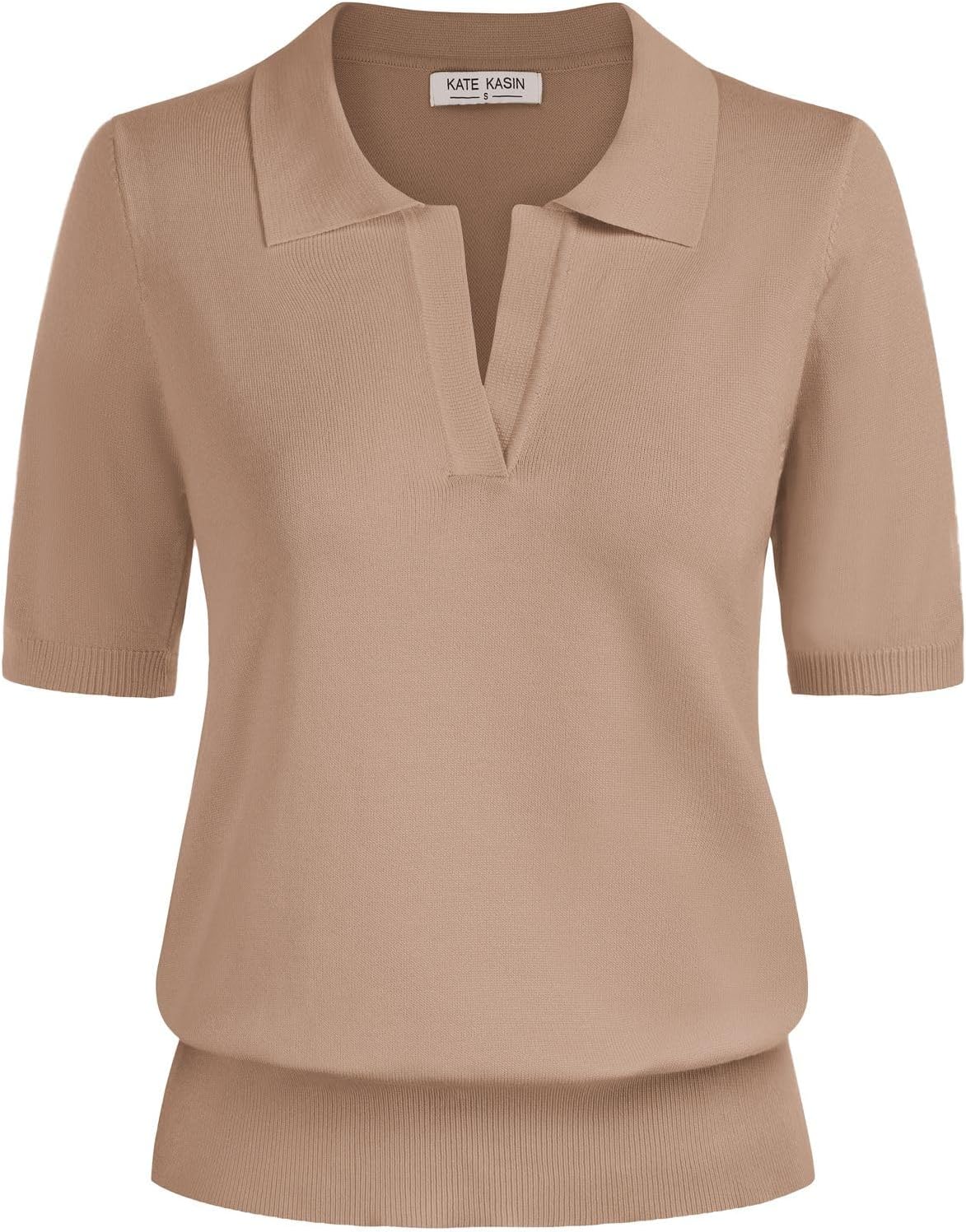 Kate Kasin Women Short Sleeve Polo Sweater V Neck Knitted Tops Casual Ribbed Shirt Loose Pullover Sweater