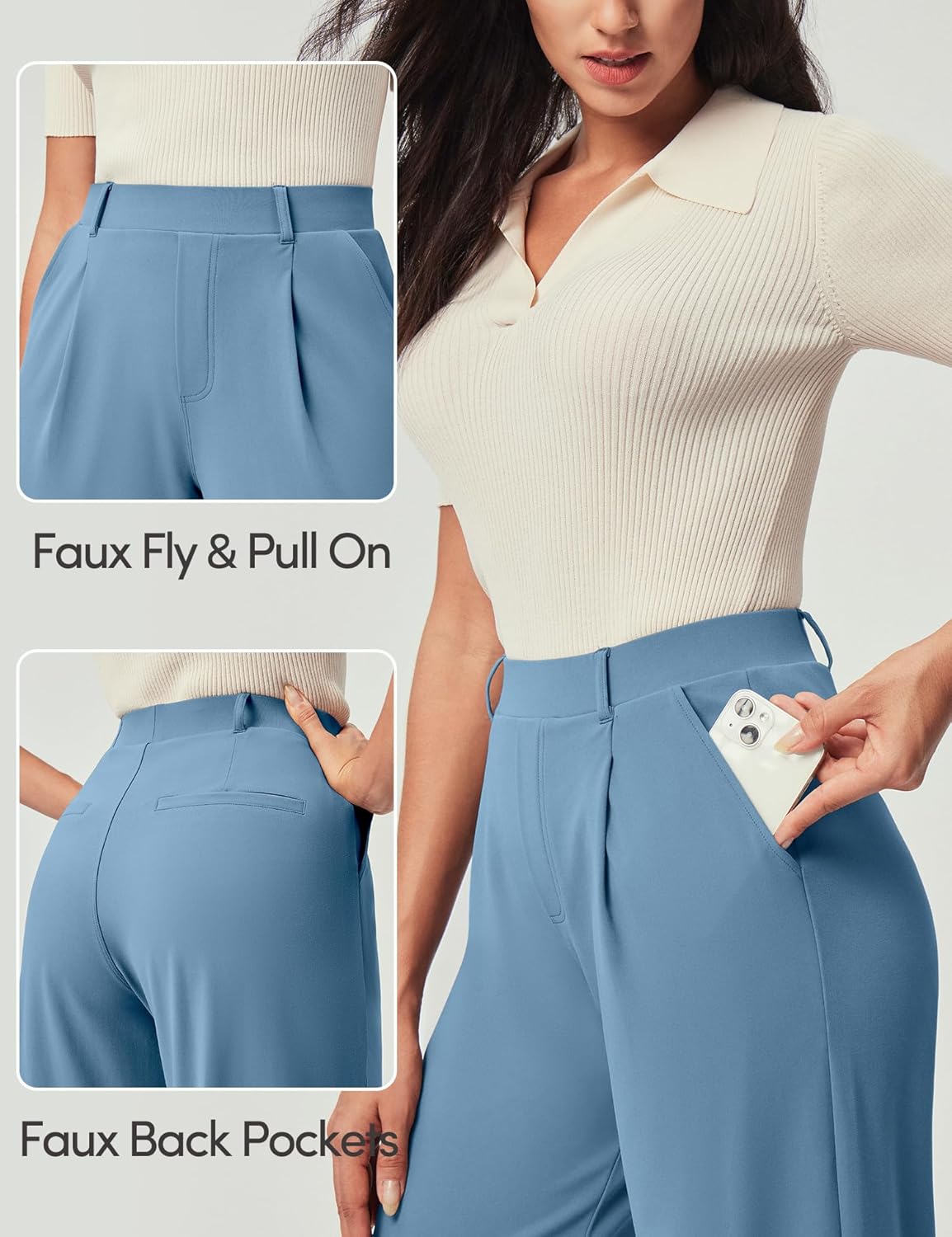 IUGA Womens Dress Pants Wide Leg Pull On Stretchy Work Pants Women High Waisted Business Casual Trousers with Pockets