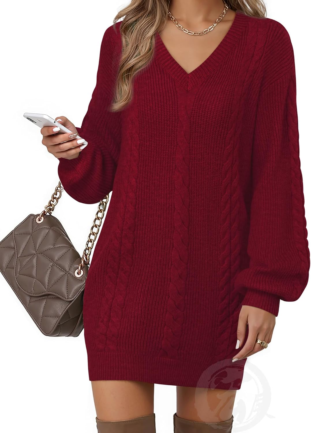 Women's Pullovers Jumper Sweaters Lantern Sleeve Casual V Neck Fall Knit Mini Sweater Dresses