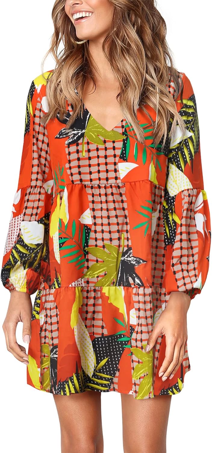 Amoretu Womens Tunic Dress Long Sleeve V Neck Casual Loose Flowy Swing Shift Dresses