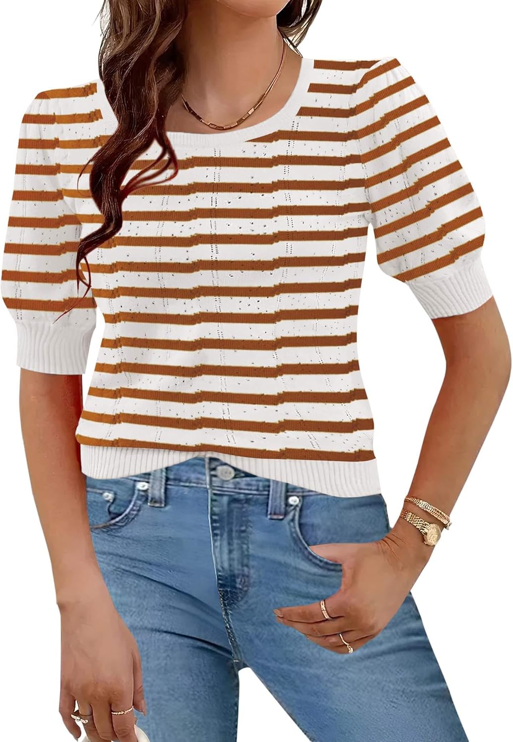 HOTOUCH Sweaters for Women 2025 Fall Trendy Tops Casual Puff Sleeve Square Neck Cute Tunic Pullover Blouses XS-XXL