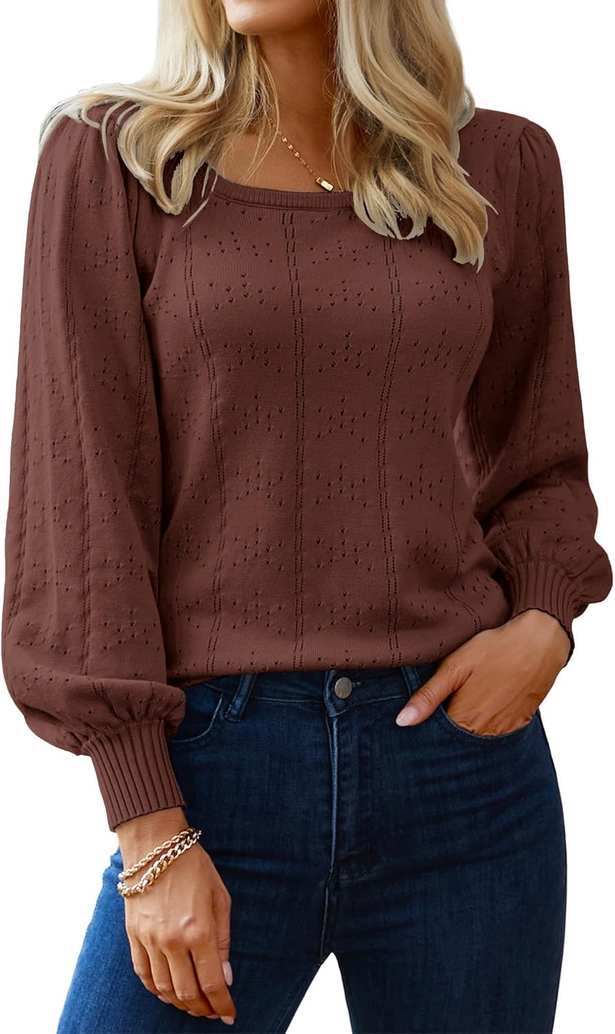HOTOUCH Sweaters for Women 2025 Fall Trendy Tops Casual Puff Sleeve Square Neck Cute Tunic Pullover Blouses XS-XXL