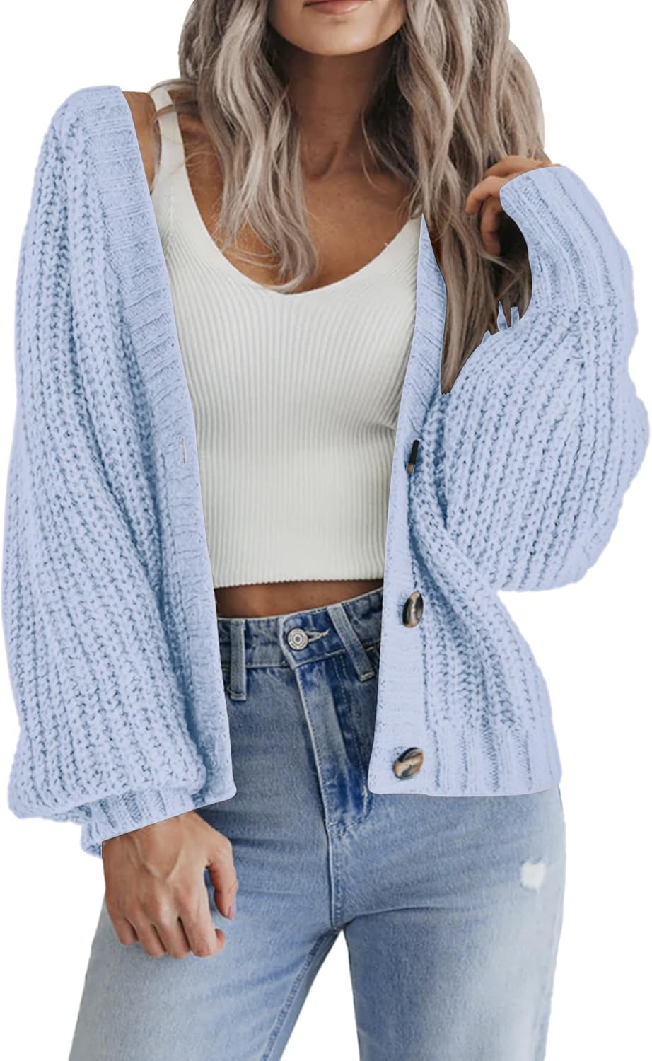 Zeagoo Women's 2025 Fall Chunky Knit Cardigans Open Front Long Sleeve V Neck Button Loose Cardigan Sweaters