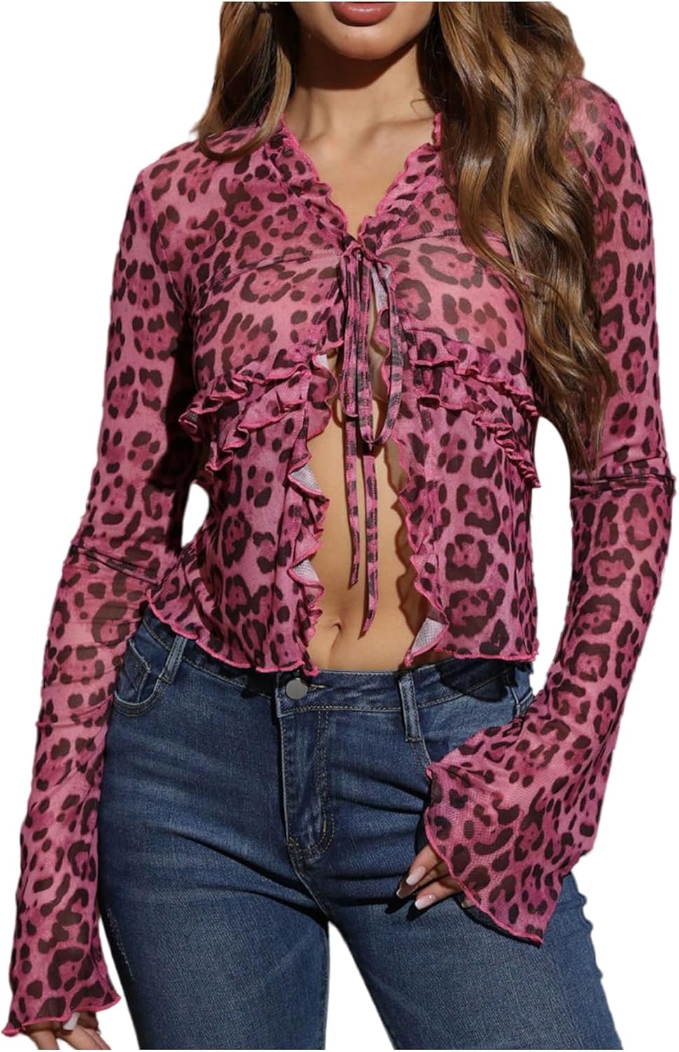 Women's Leopard Sheer Tops Bell Sleeve Tie Front V Neck T Shirt Vintage Party Y2K Clothes Going Out Top