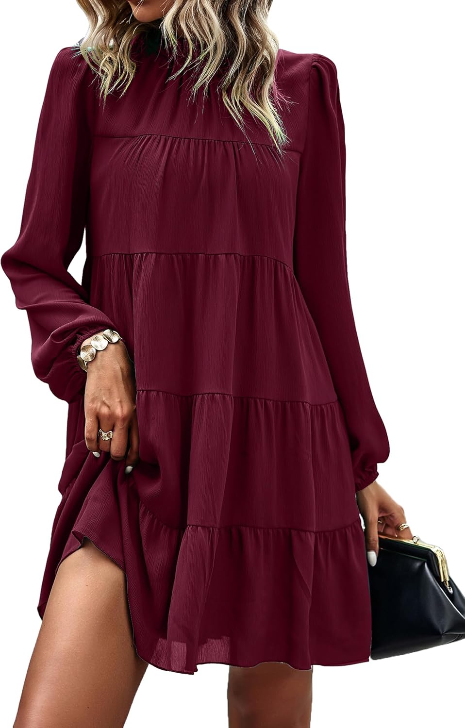 KIRUNDO Long Sleeve Baby Doll Dresses Women 2025 Casual Fall Winter Ruffle Mock Neck Tiered Mini Flowy Swing Shift Dress