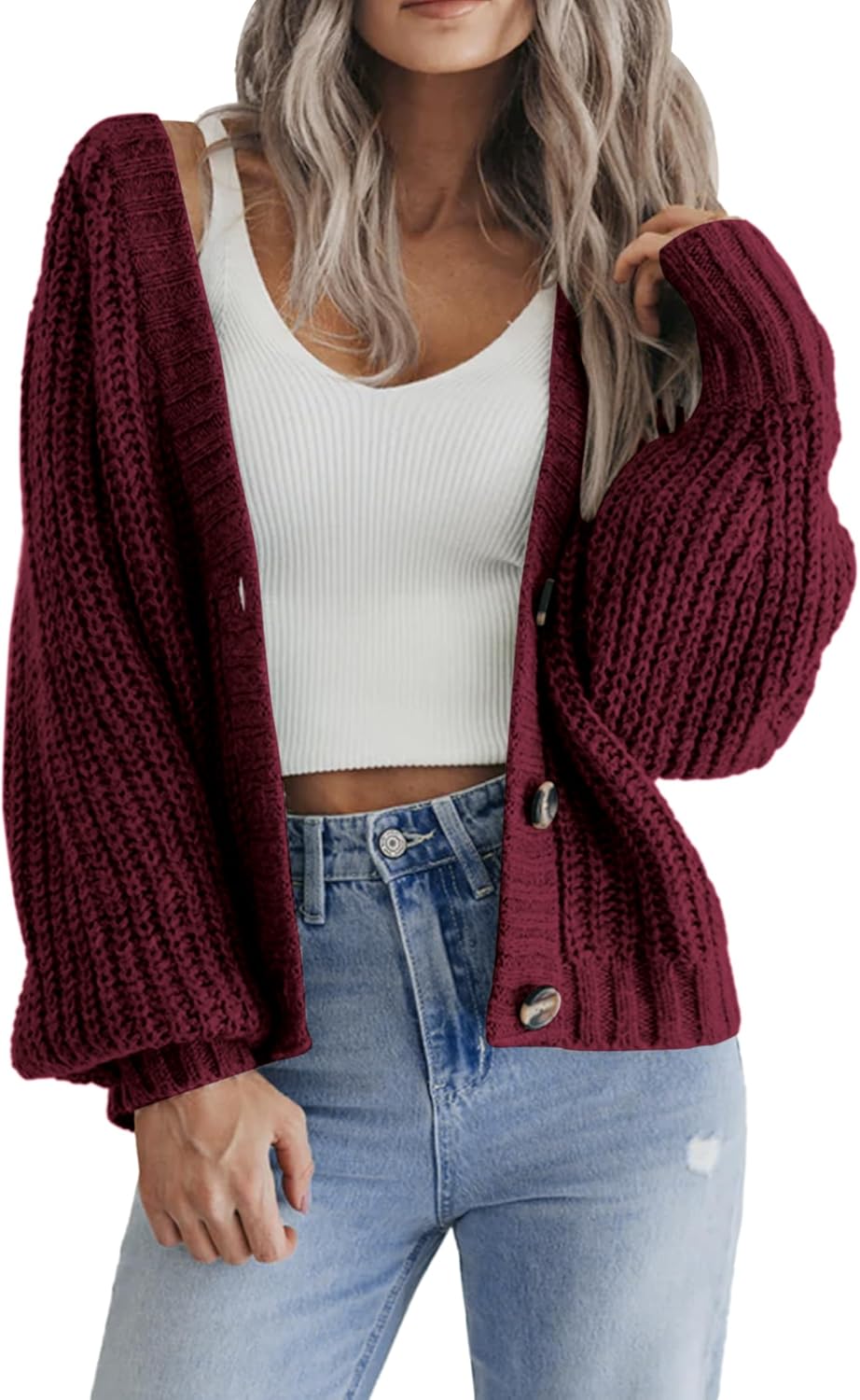 Zeagoo Women's 2025 Fall Chunky Knit Cardigans Open Front Long Sleeve V Neck Button Loose Cardigan Sweaters