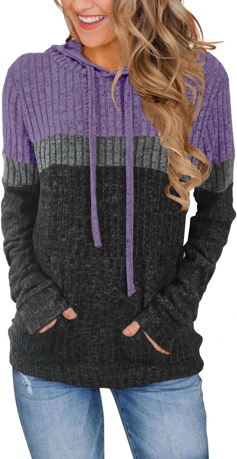 MixShe Women’s Color Block Knit Hoodie – Casual Long Sleeve Pullover Sweater Tops with Pocket