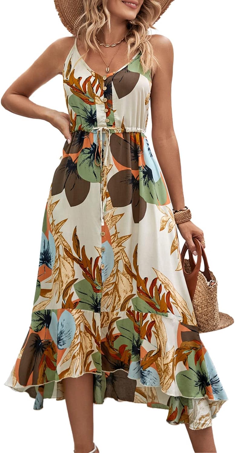 BROVAVE Women's 2025 Summer Casual Boho Sundress Polka Dot Spaghetti Strap V Neck Flowy Midi Dresses