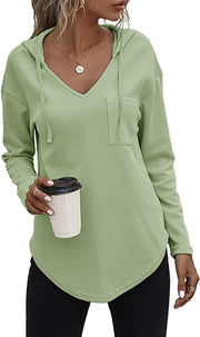 Women's V Neck Hoodies Long Sleeve Sweatshirt Drawstring Pullover Tops with Pocket