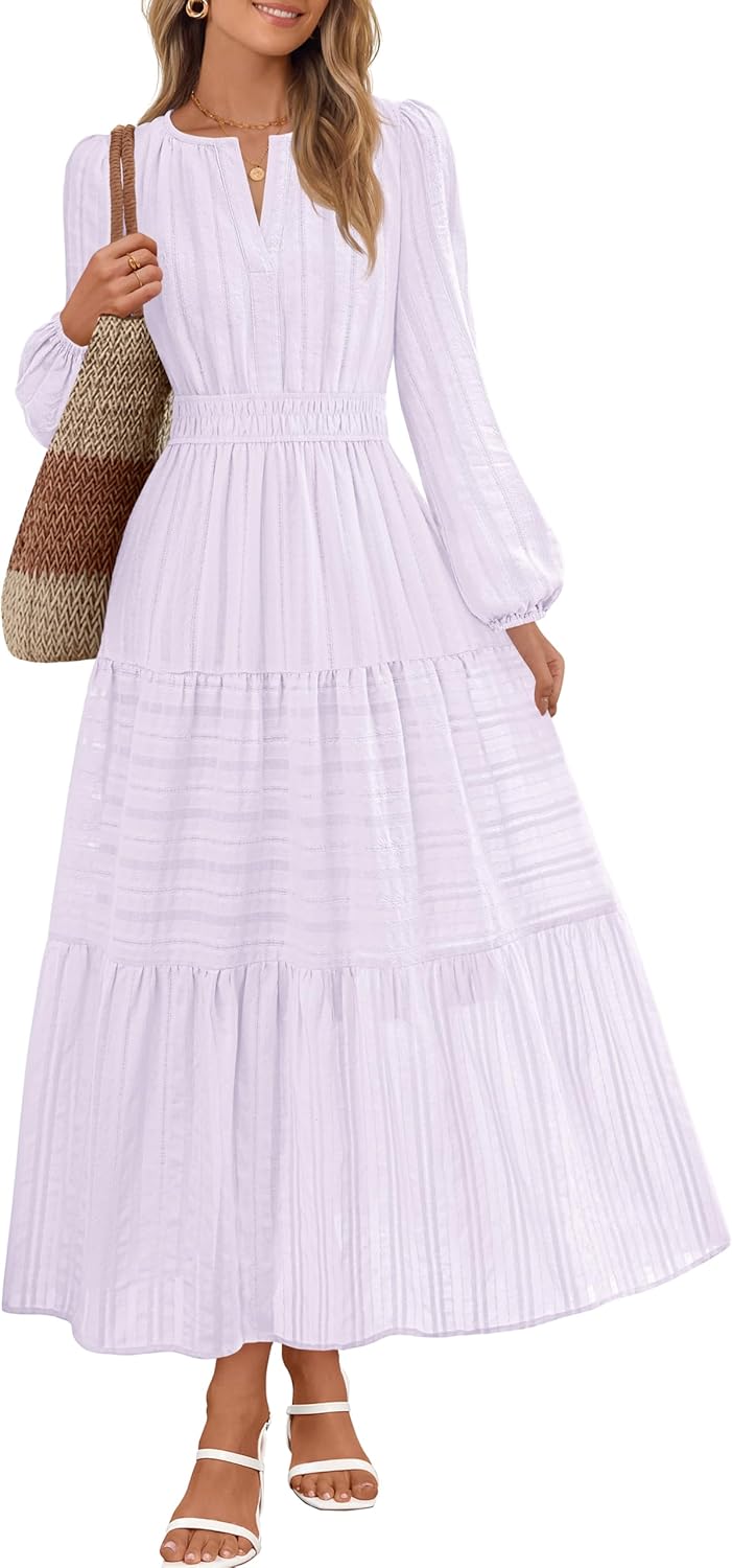 MEROKEETY Fall Dresses for Women 2025 Winter Long Sleeve Casual V Neck Tiered Cotton Midi Maxi Dress Pockets